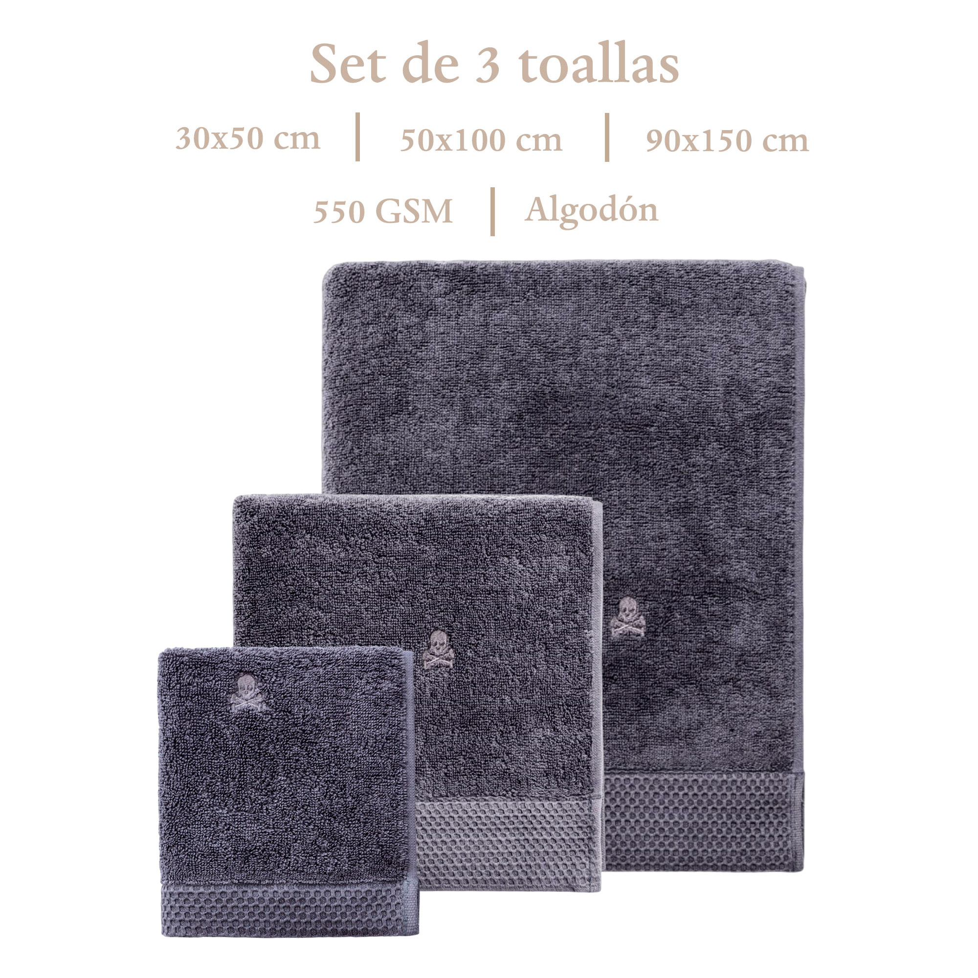 Juego de toallas nidus (30x50cm + 50x100cm + 90x150cm) 100% algodón en color gris con logo bordado scalpers home