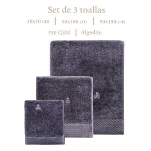Juego de toallas nidus (30x50cm + 50x100cm + 90x150cm) 100% algodón en color gris con logo bordado scalpers home