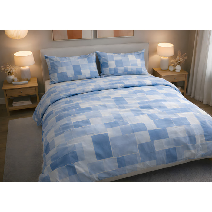 Parure Copripiumino 100% Cotone Made In Italy Fantasia Geometrica Disegno Brick Azzurro