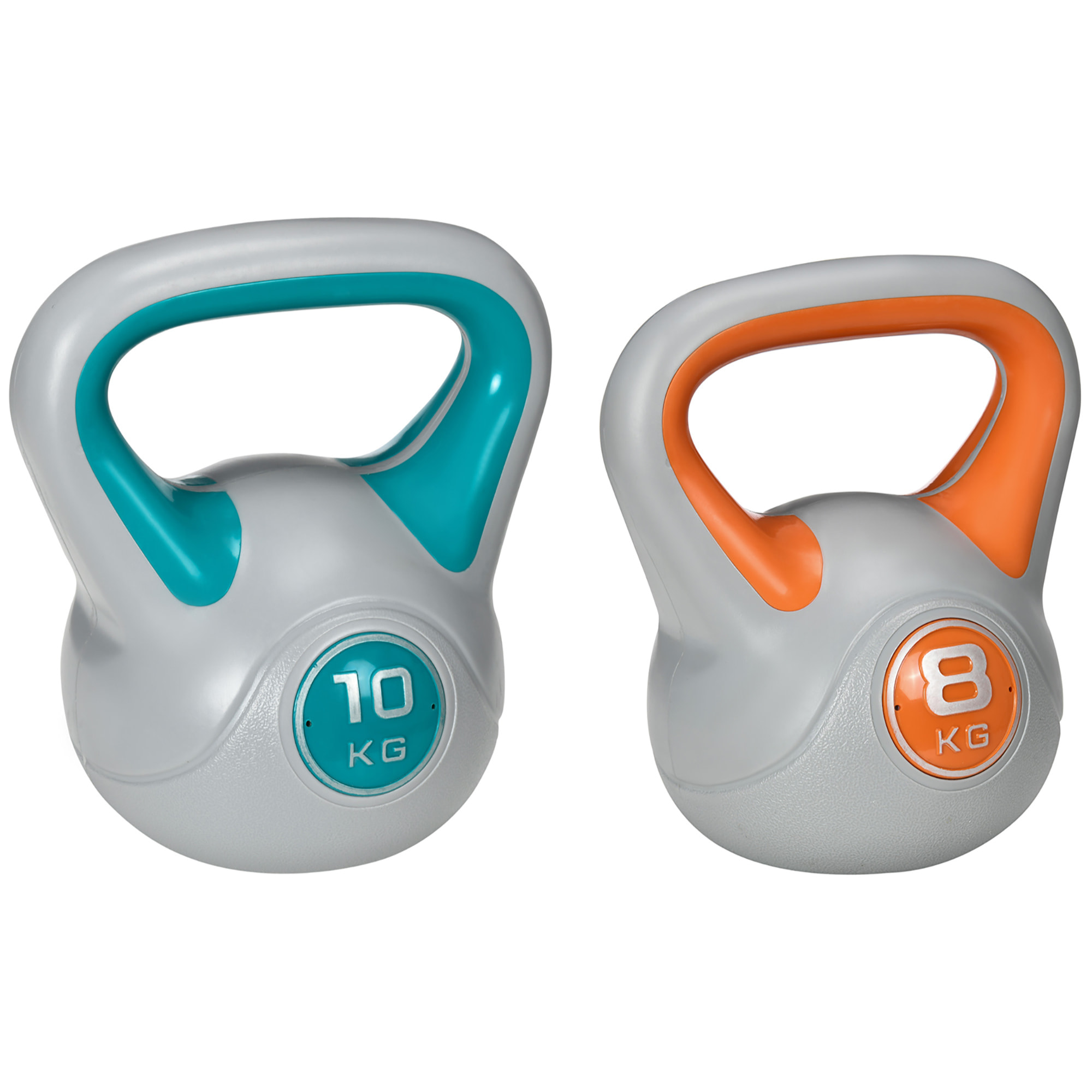 Conjunto de 2 Pesas Rusas de 10 kg 8 kg Kettlebell de Fiteness con Relleno de Arena Mango Ancho para Ejercicios y Entrenamiento en Casa y Gimnasio 22x16x26 cm 20x14x24 cm Azul y Naranja