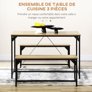 Ensemble table à manger et 2 bancs 4 personnes châssis acier noir plateau assises aspect bois clair naturel