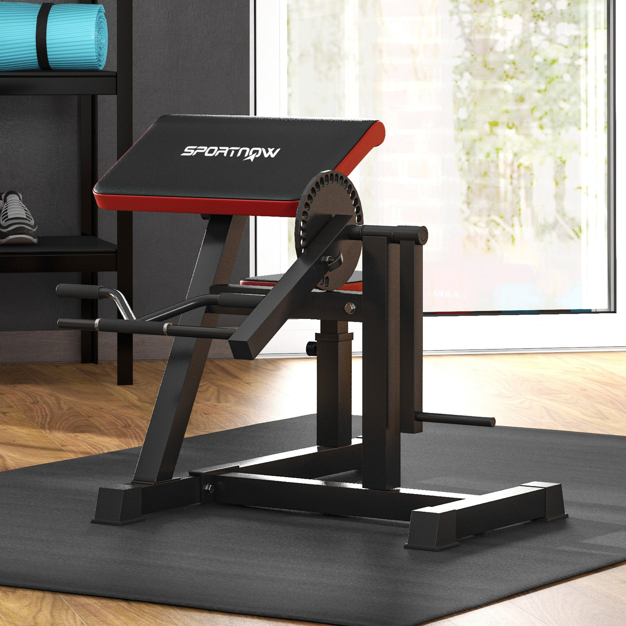 Banc à biceps preacher curl assise réglable 5 niveaux charge max. 120 Kg acier noir rouge