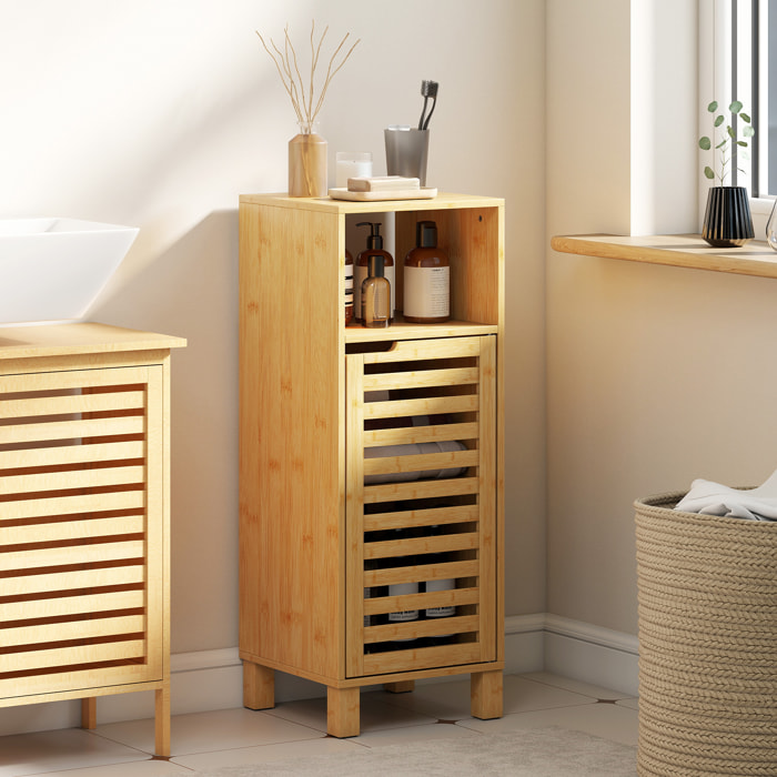 Armario de Baño de Bambú, Columna de Baño Estrecha con Estante Abierto, Puerta de Lamas, Estante Ajustable, 30x30x80 cm, Natural