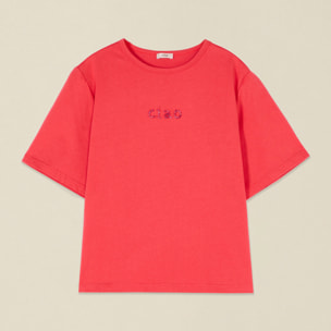 Oltre - T-shirt boxy in cotone con ricamo gioiello - Rosso