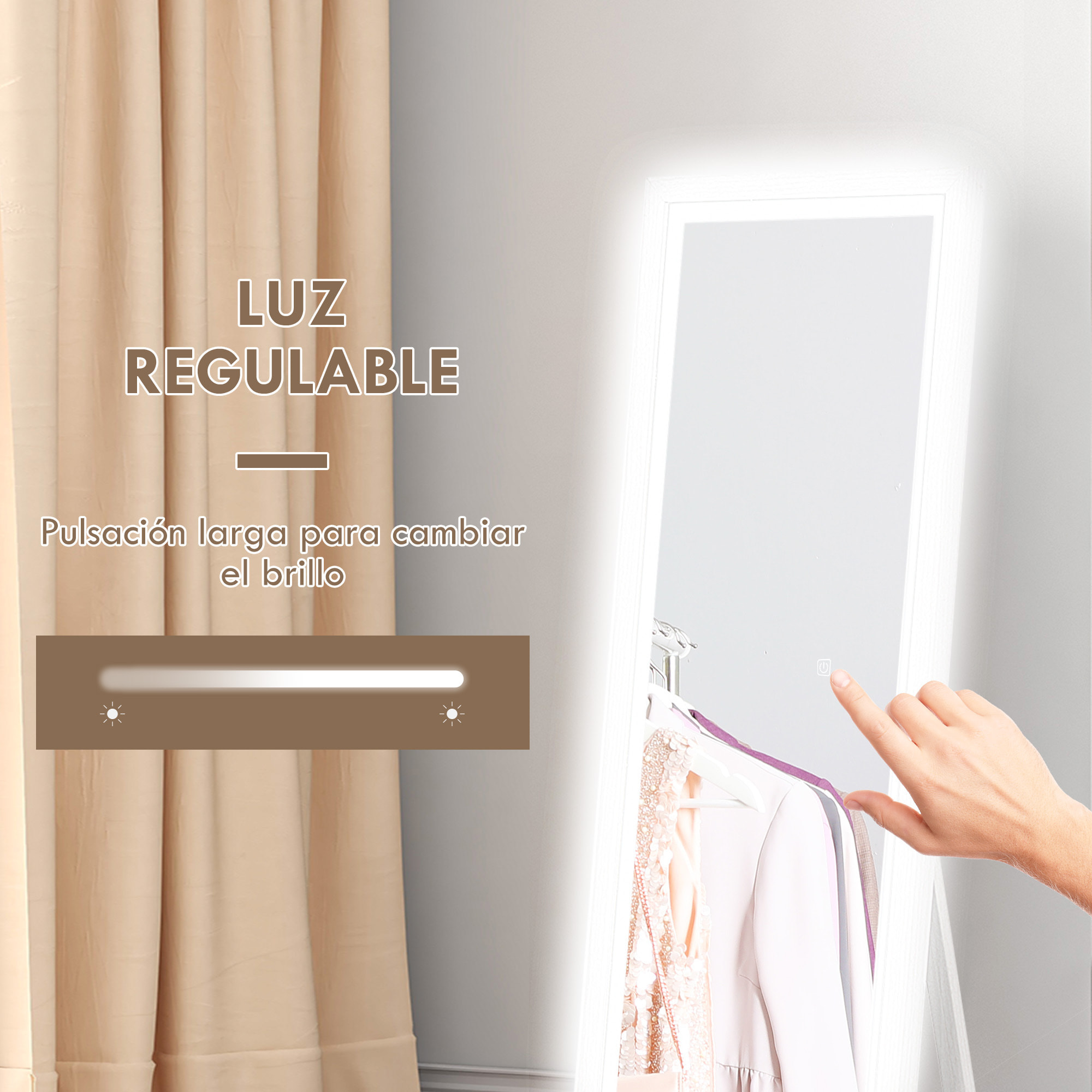 Espejo de Cuerpo Entero con Luz LED 160x40 cm Espejo de Pie o de Pared con Iluminación de 3 Colores Táctil Inteligente Función de Memoria y Soporte para Salón Dormitorio Blanco