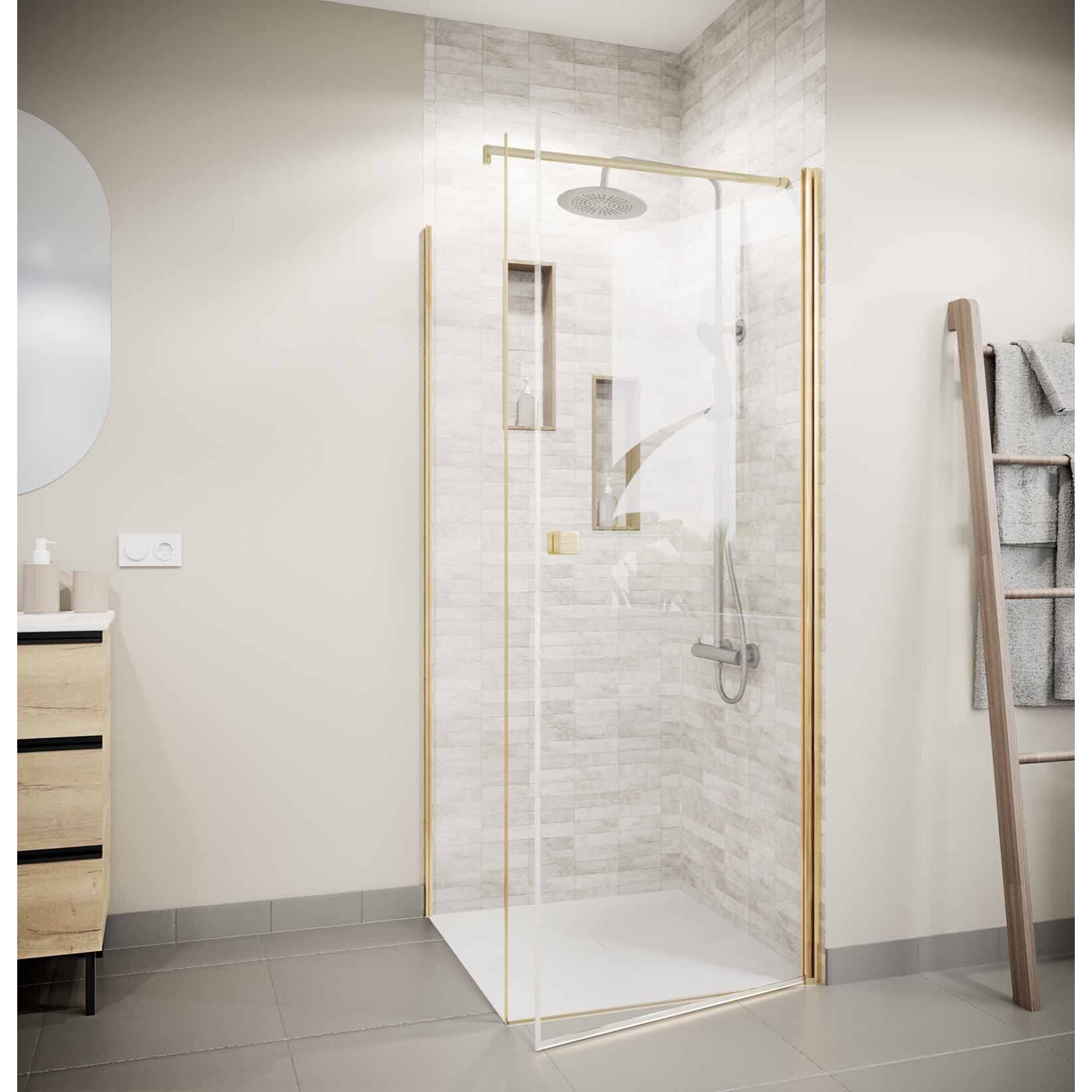 Retour pour Porte de Douche 80x195cm Verre Trempe 8mm Anticalcaire - Alu Or Brosse - GOLD ELEMENTARY