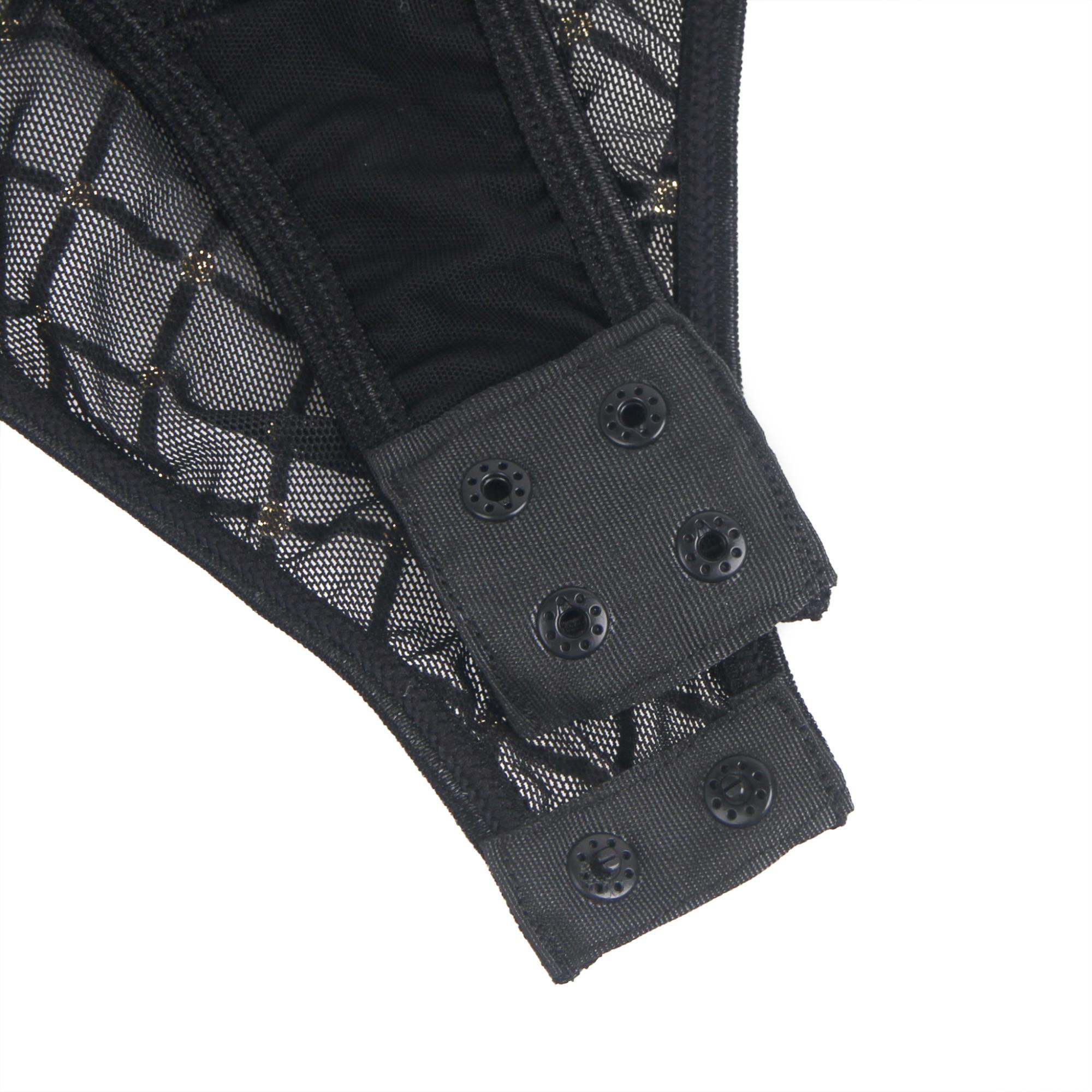 Body negro sexy de malla flocada con cuello halter y sin entrepierna - incluye body, guantes y cinturón