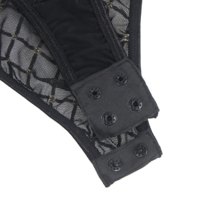Body negro sexy de malla flocada con cuello halter y sin entrepierna - incluye body, guantes y cinturón
