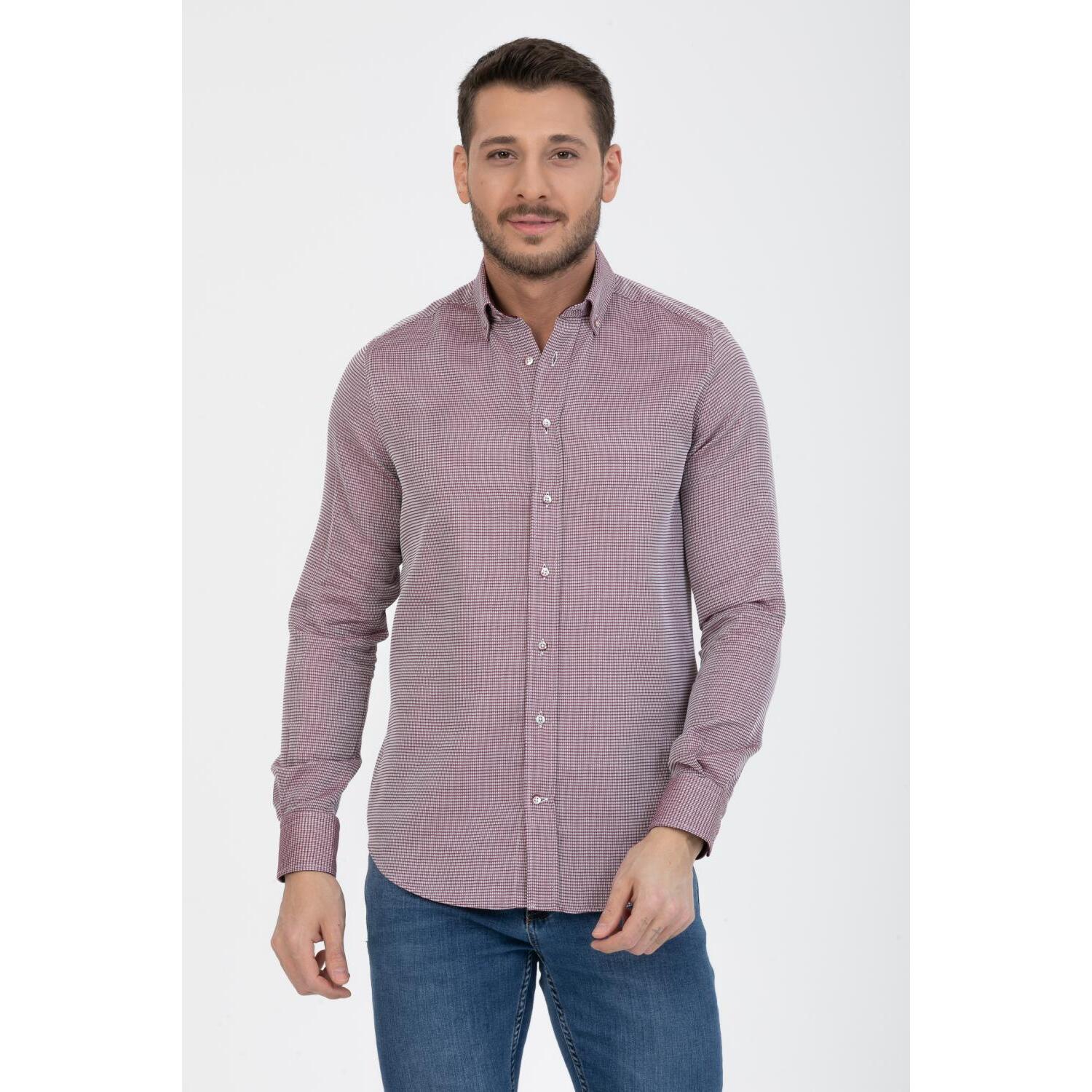 Camicia Uomo 1 Bottoni Button Down Slim Armaturato Fantasia Rosso Bordeaux/Bianco