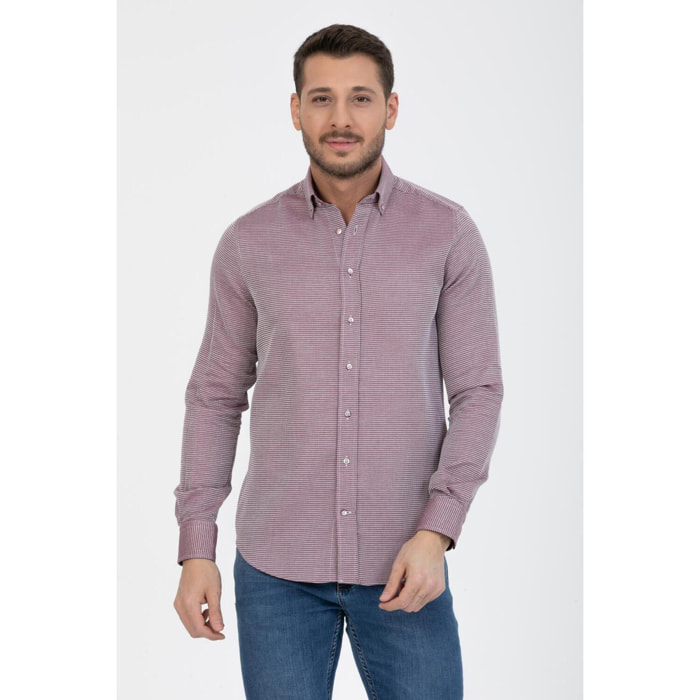 Camicia Uomo 1 Bottoni Button Down Slim Armaturato Fantasia Rosso Bordeaux/Bianco