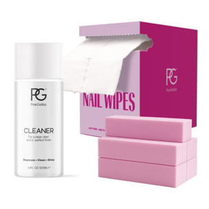 Pink Gellac – Pack avantageux – Lingettes nail wipes sans peluches (500 pcs), blocs polissoirs (5 pcs) et Nettoyant (100 ml)