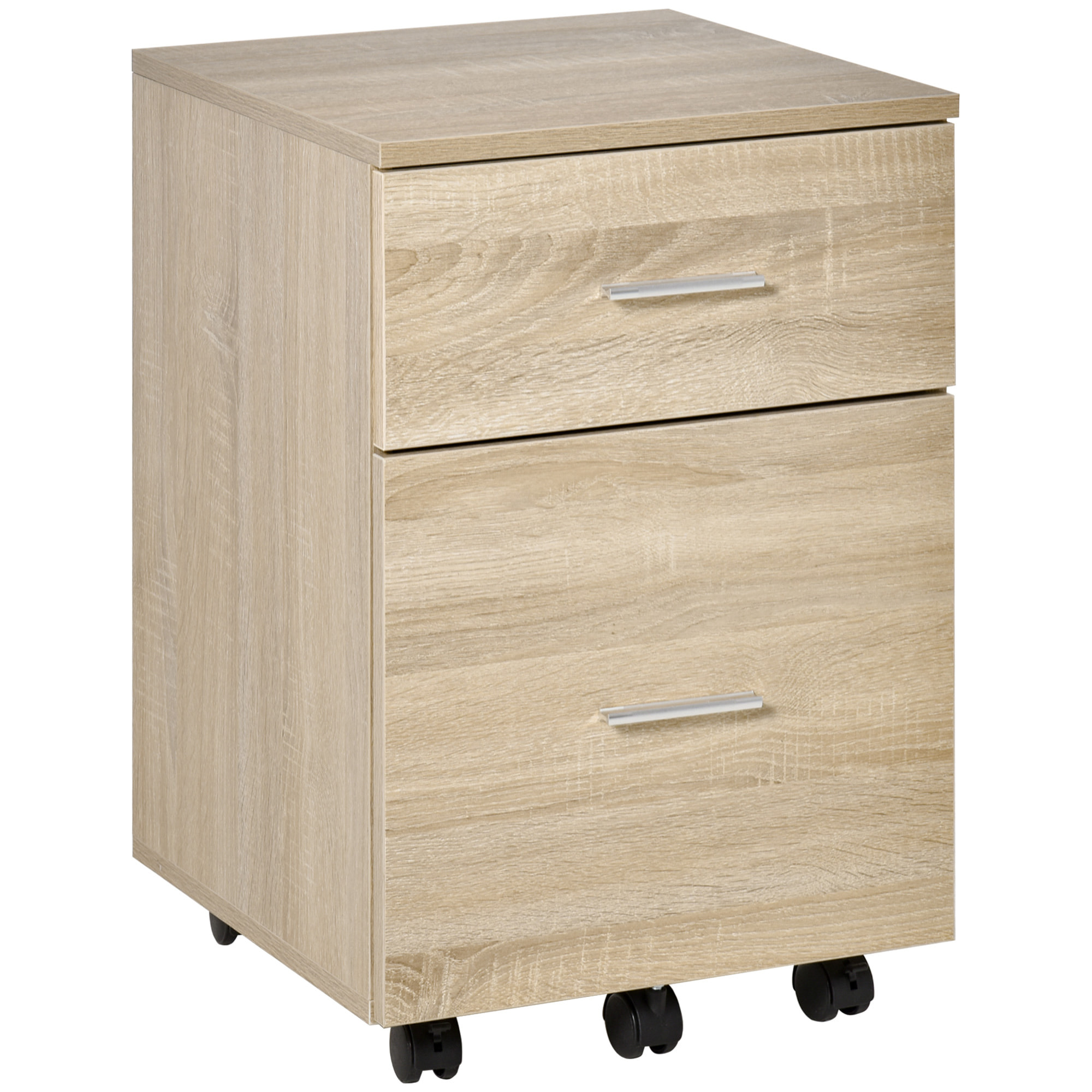 Cajonera de Escritorio con 2 Cajones, Cajonera de Oficina con Ruedas, Archivador Móvil, para Archivos A4 o Cartas, para Estudio, Salón, 39,5x39x58,5 cm, Roble