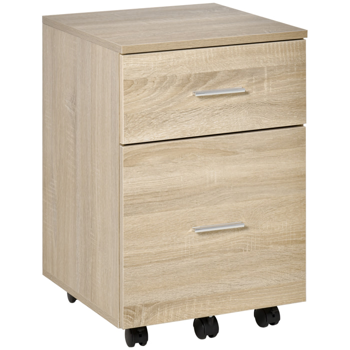 Cajonera de Escritorio con 2 Cajones, Cajonera de Oficina con Ruedas, Archivador Móvil, para Archivos A4 o Cartas, para Estudio, Salón, 39,5x39x58,5 cm, Roble