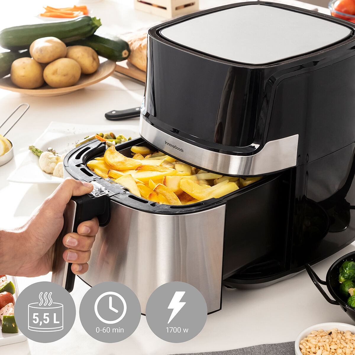 Freidora de Aire InnovaGoods Fryinn Pro 5500 Negro 1700 W 5,5 L Acero Inoxidable