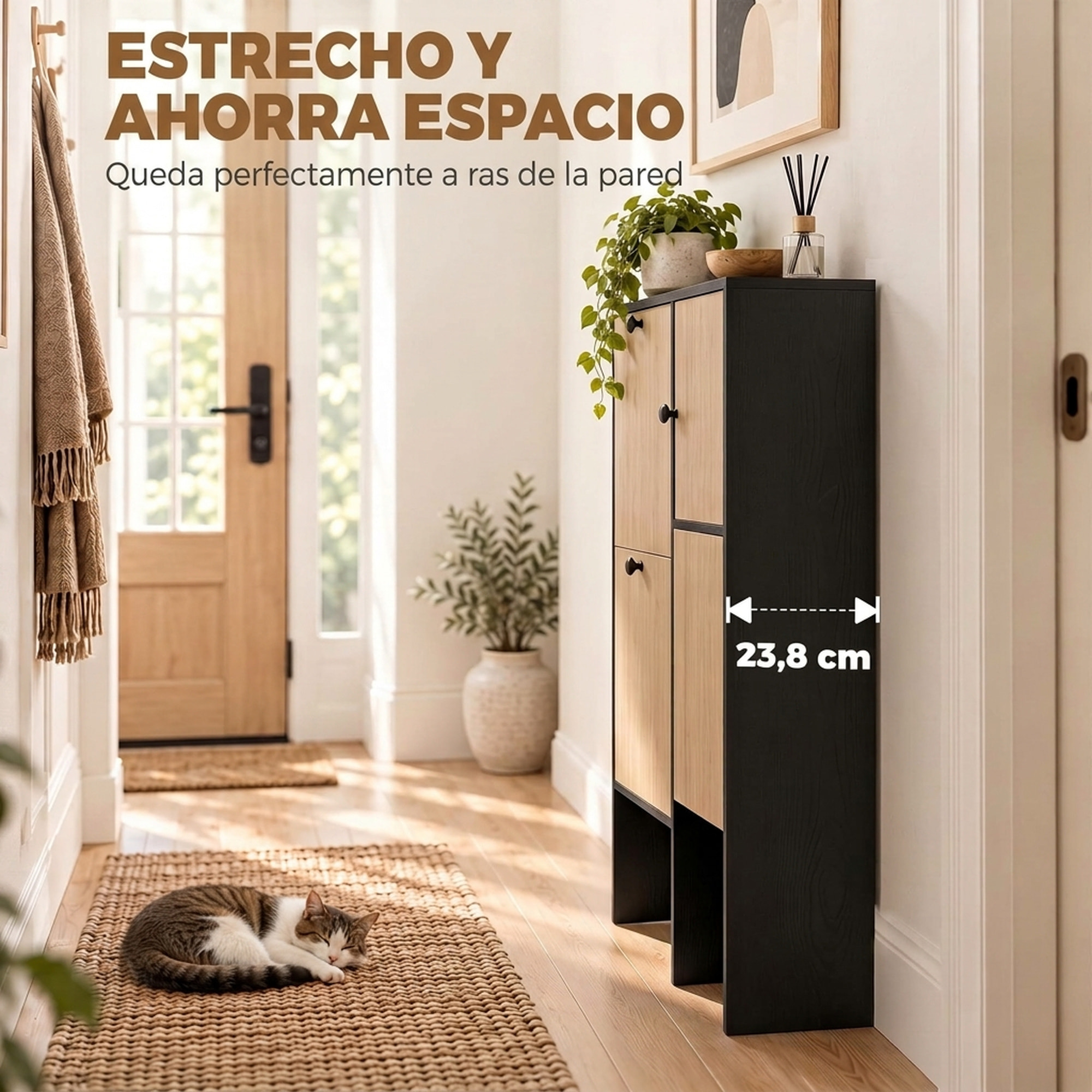 HOMCOM Zapatero Estrecho con 2 Cajones Abatibles, Armario, Taburete Oculto, Mueble Zapatero Moderno con Estantes Ajustables, para 8-10 Pares de Zapatos, para Pasillos, Entradas, 100x23,8x100 cm, Roble