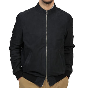 Giubbino in vera pelle di vitello scamosciata Blu-Slim Fit