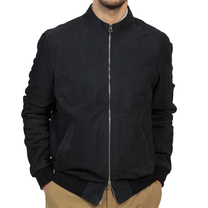 Giubbino in vera pelle di vitello scamosciata Blu-Slim Fit