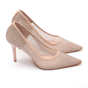 Dècolletè pumps in simil pelle con tomaia bucherellata ricoperta di strass