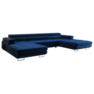 Ayden - Canapé panoramique en U 7 places convertible avec coffre et têtières réglables en tissu - Bleu