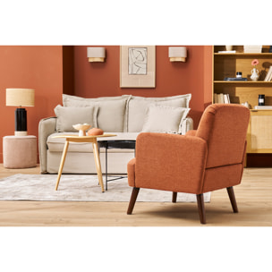Fauteuil scandinave en tissu effet velours texturé terre brûlée et bois foncé ISKO