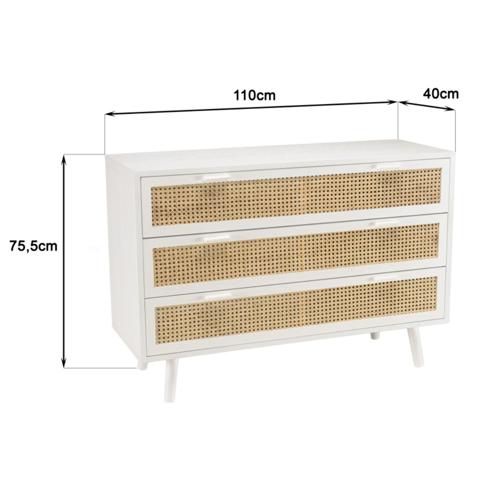 SANDRO - Commode blanche 3 tiroirs cannage naturel