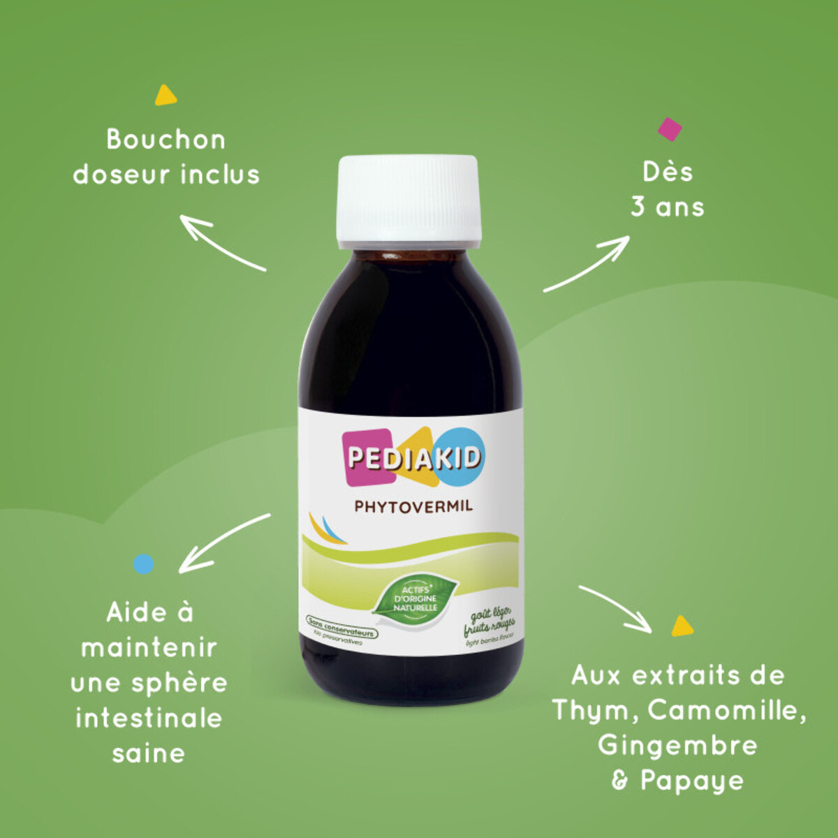 PEDIAKID - Phytovermil - Complément Alimentaire Naturel -Contribue au Maintien d'une Sphère Intestinale Saine - Bouchon Doseur Inclus - Arôme Fruits Rouges - Flacon de 125 ml
