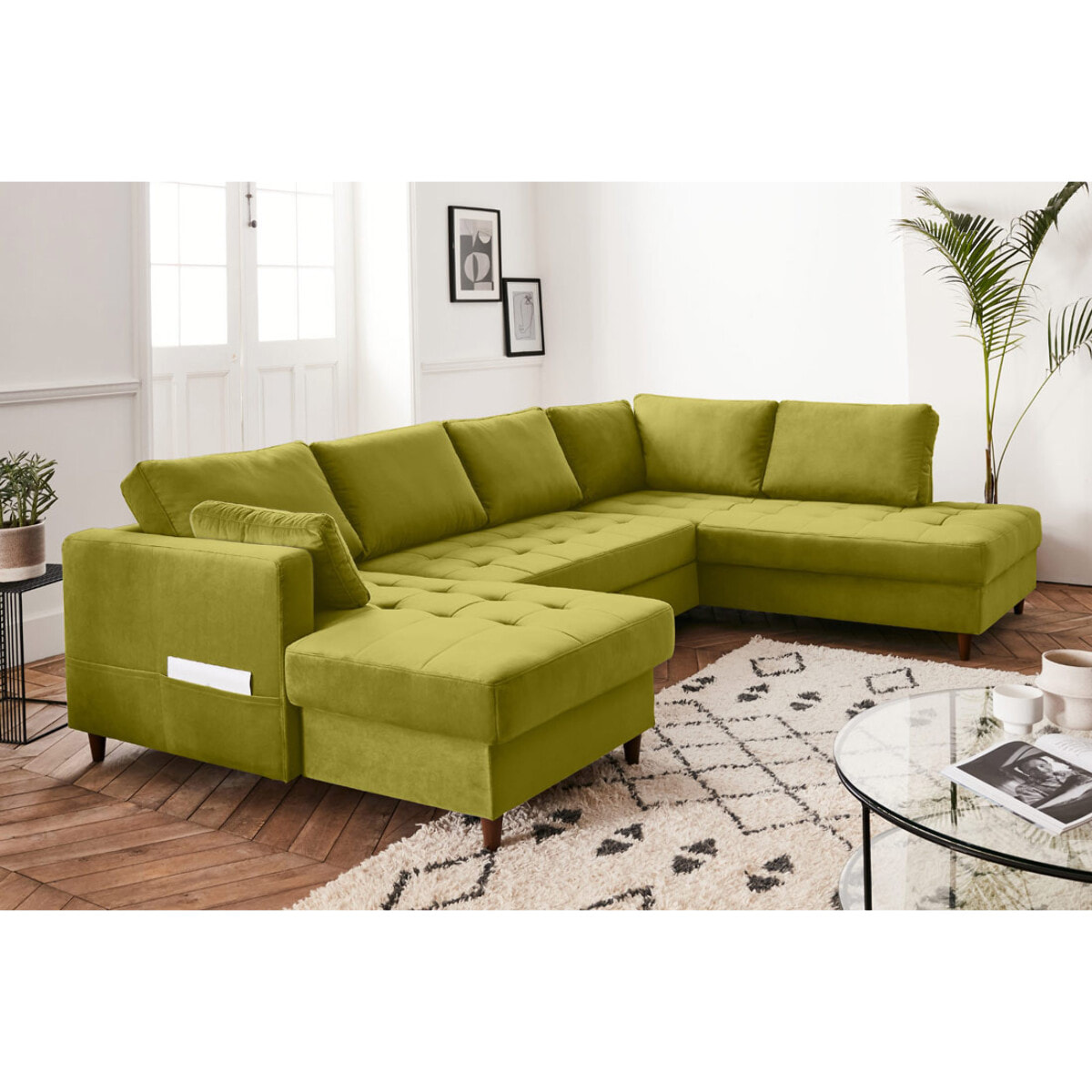 Anna - canapé panoramique d'angle droit - 7 places - convertible avec coffre - en velours - Vert Olive