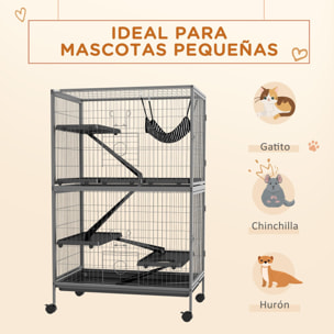 Jaula para Animales Pequeños de 4 Niveles Parque para Mascotas con Ruedas Rampas Hamaca Colgante y Bandeja Extraíble Recinto para Conejos Chinchillas Hurones 80x52x128 cm Gris