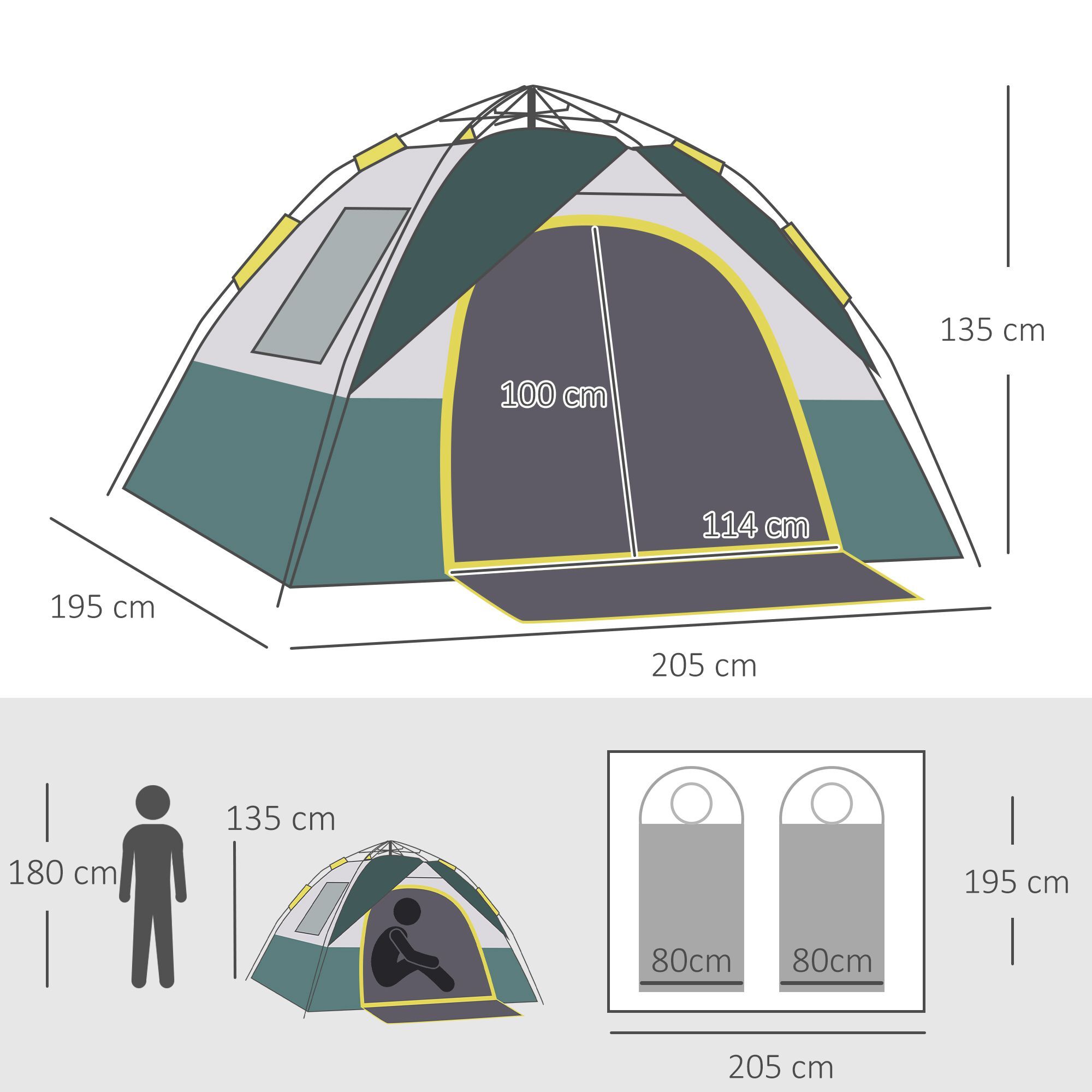 Tente de camping pop up 3 personnes porte 3 fenêtres sac de transport inclus fibre verre polyester PE jaune gris vert