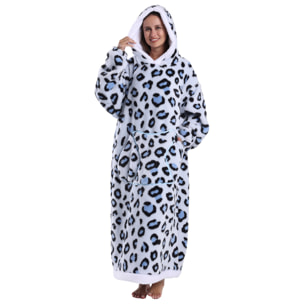 Bata estilo sudadera y manta de felpa extrasuave. Triple bolsillo frontal tipo canguro. Diseño leopardo blanco tipo largo.