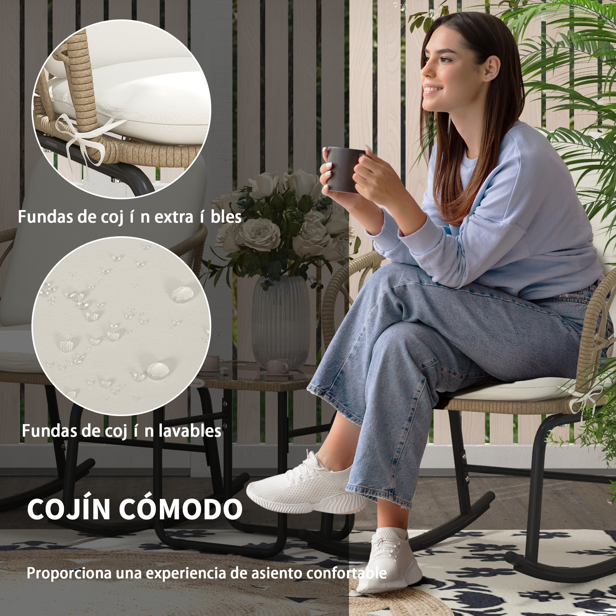 Conjunto de Muebles de Ratán de 3 Piezas Cojunto de Mecedoras de Jardín con 1 Mesa de Centro 2 Mecedoras y Cojines para Jardín Terraza Patio Crema y Beige