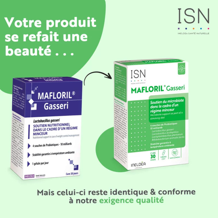 ISN - Mafloril® Gasseri - Complément alimentaire - 4 souches de probiotiques - Soutien de la flore intestinale dans le cadre d'un régime minceur - Cure 30 jours