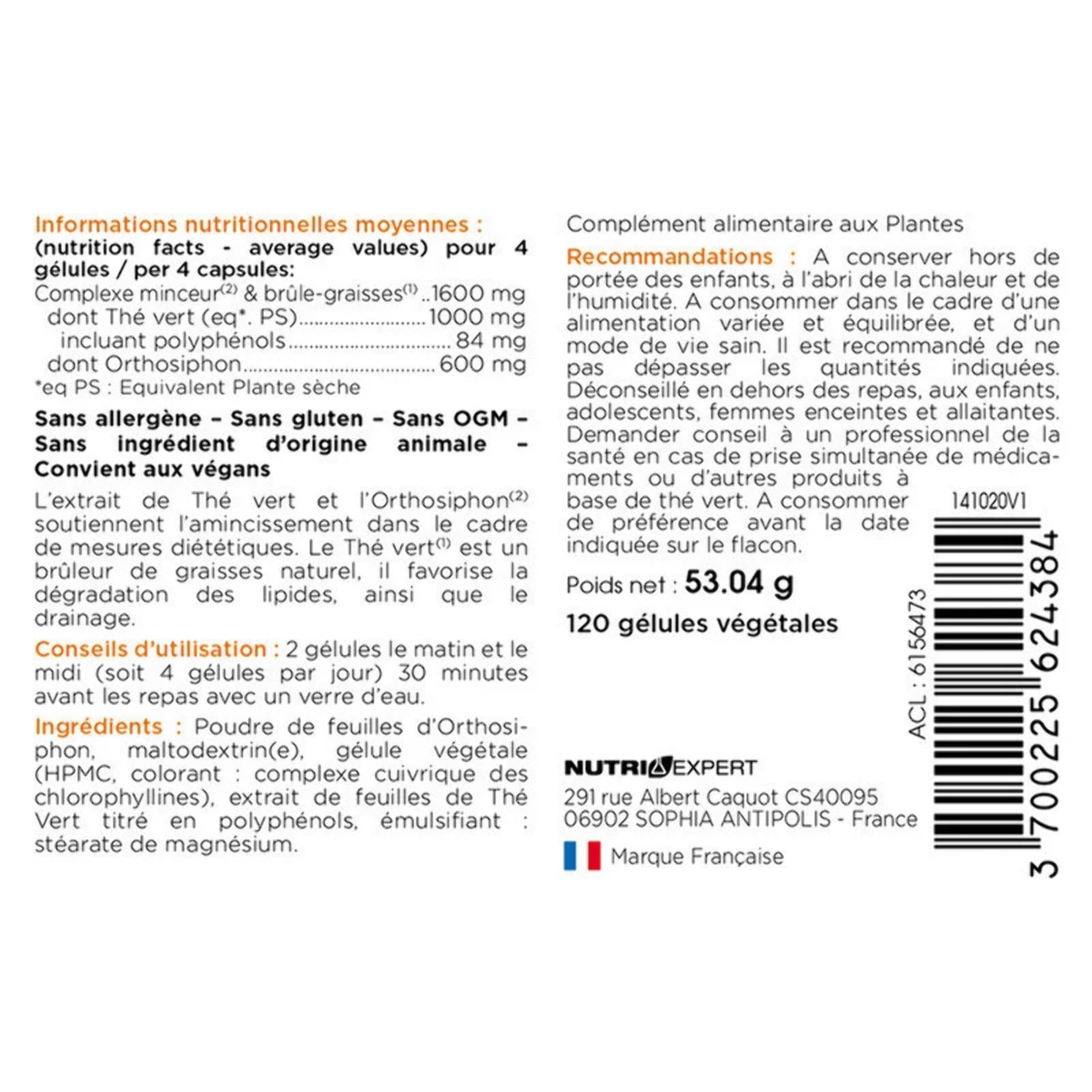 NUTRIEXPERT - Effimincil brûleur de graisses - Formule 100% végétale - Double action minceur - Cure de 30 j - 120 gélules végétales