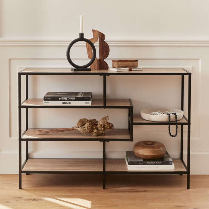 Etagère en métal noir et décor bois - Loft - bibliothèque 5 niveaux. L 114 x l 33 x H 78cm