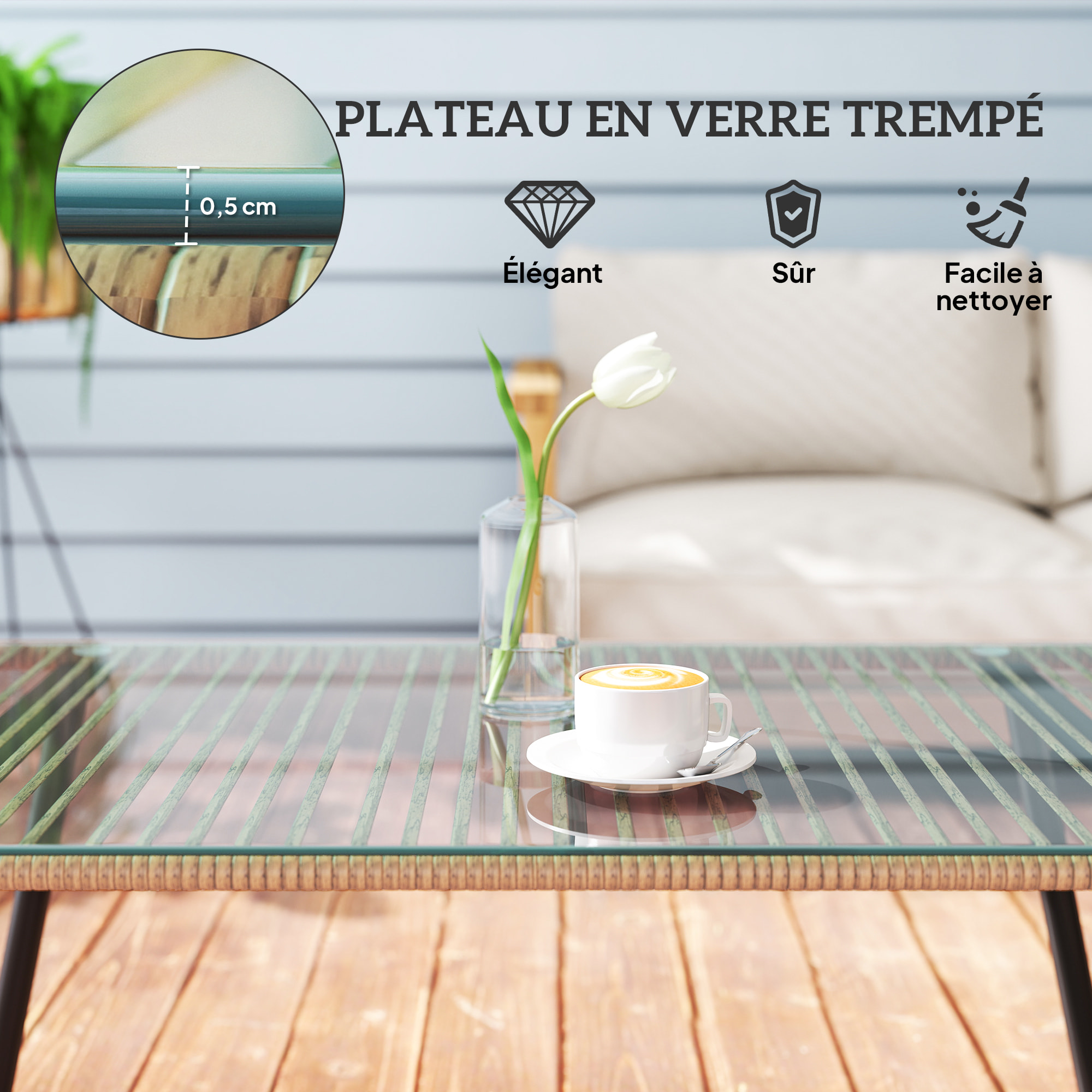 Table basse de jardin style Acapulco piètement incliné acier noir résine filée effet naturel plateau verre trempé