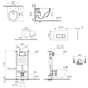 Pack WC suspendu sans bride M60 VortexFlush Round + abattant frein de chute + Bâti support mur porteur + Plaque Blanc