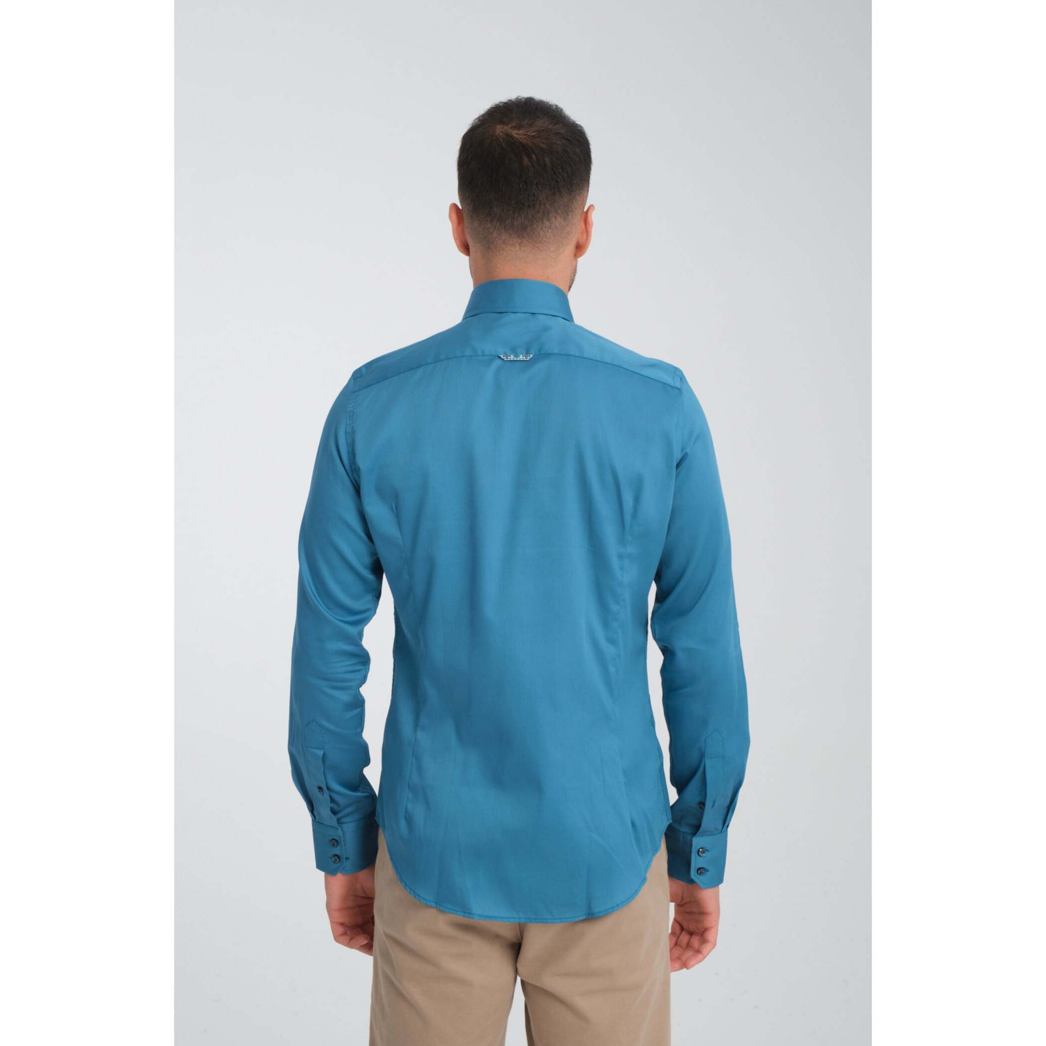 Camicia Uomo 2 Bottoni Button Down Slim Satin Unito Verde Ottanio