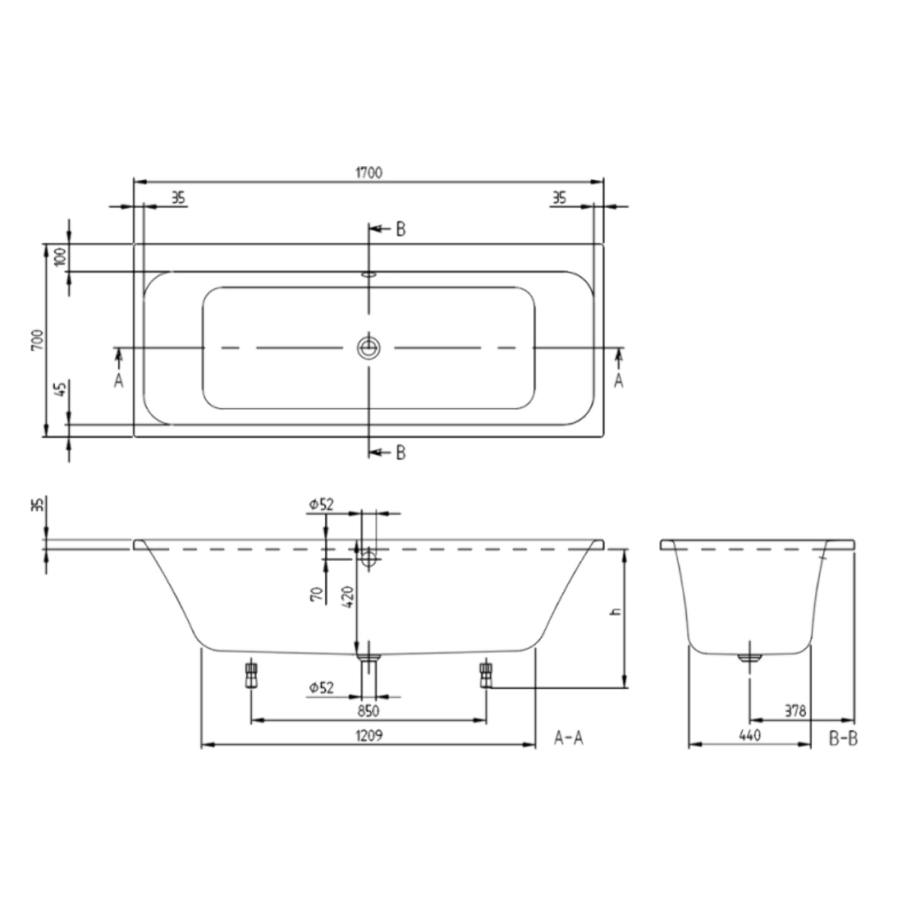 Baignoire droite VILLEROY & BOCH Architectura avec pieds 170 x 70 cm Blanc + Pare bain gauche AURYS Raywall chromé