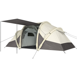 Tente gonflable camping 2-4 personnes 3 pièces auvent imperméabilité 3000mm crème taupe-gris