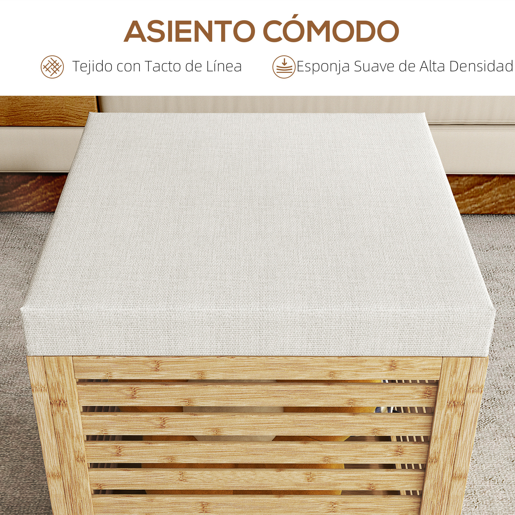 Baúl de Almacenaje para Dormitorio 54,7L Taburete de Almacenaje Tapizado en Lino Sintético con Cojín Marco de Bambú para Entrada Salón 40x40x47 cm Gris y Natural