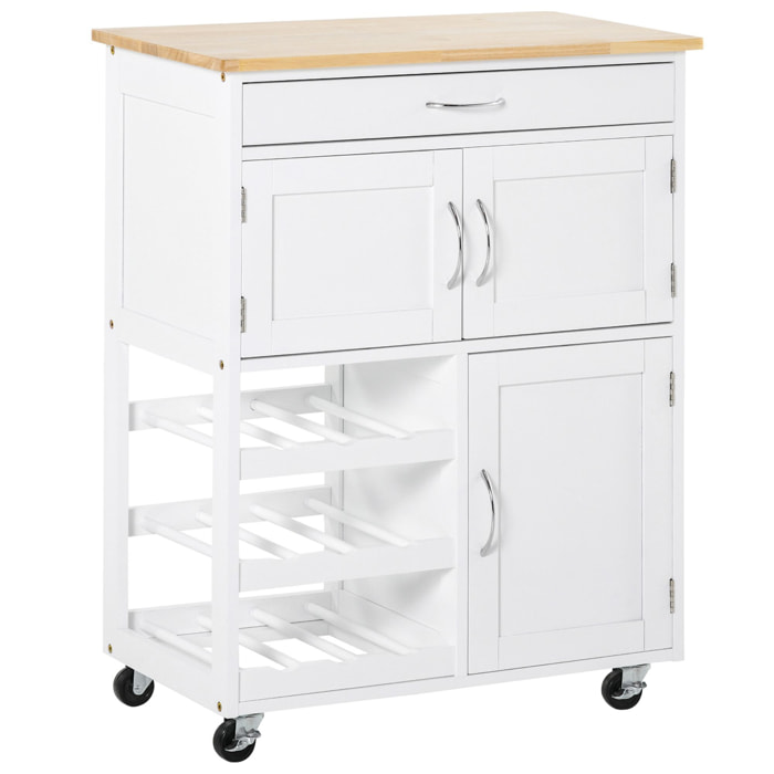 Carro de Cocina con Ruedas Carrito de Servicio con Cajón 2 Armarios de Almacenaje y 3 Estantes Abiertos de 9 Botellas para Comedor Restaurante 67x37x87 cm Blanco