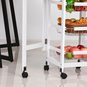 Carrito de Cocina Plegable Carrito Auxiliar con 6 Ruedas 1 Cajón y 3 Cesta de Metal Carro de Servicio Multifuncional para Almacenamiento Carga 50 kg 97,2x37x77,5 cm Blanco y Roble