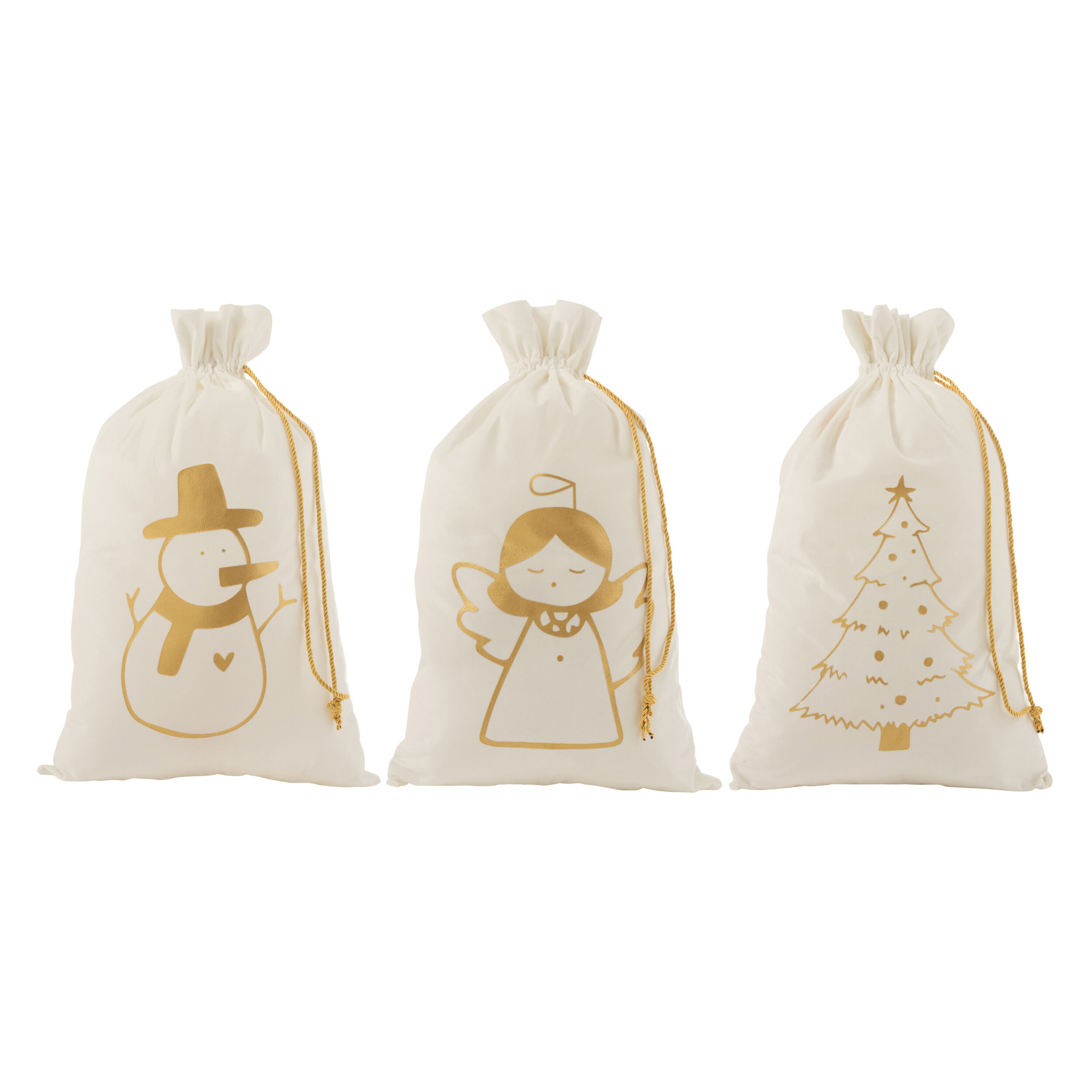 J-Line Sac Noel Ange/Sapin De Noel/Bonhomme De Neige Velours Blanc/Or Large Assortiment De 3