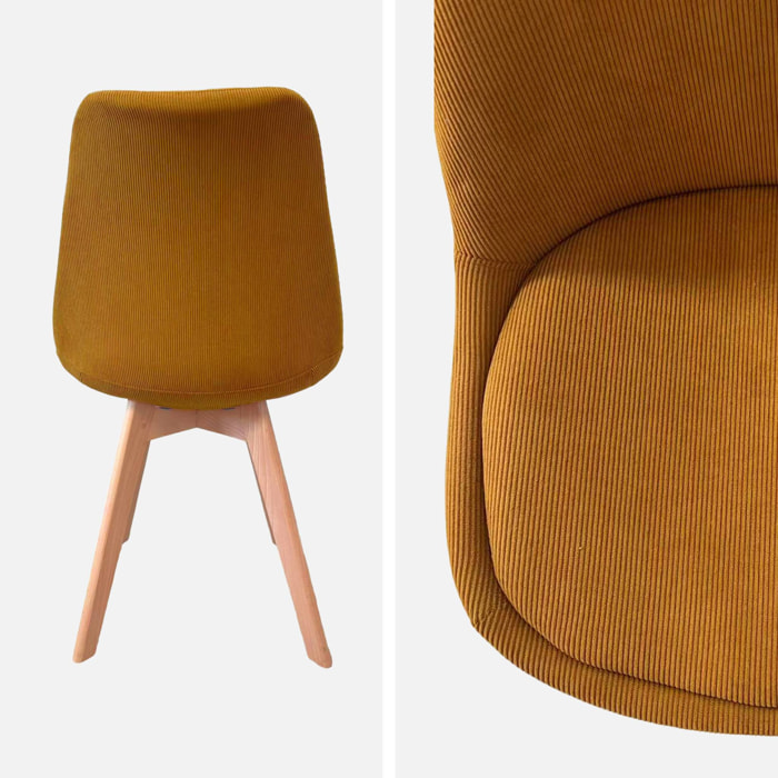 Lot de 4 chaises scandinaves revêtement velours côtelé ocre. pieds bois de hêtre - Nils