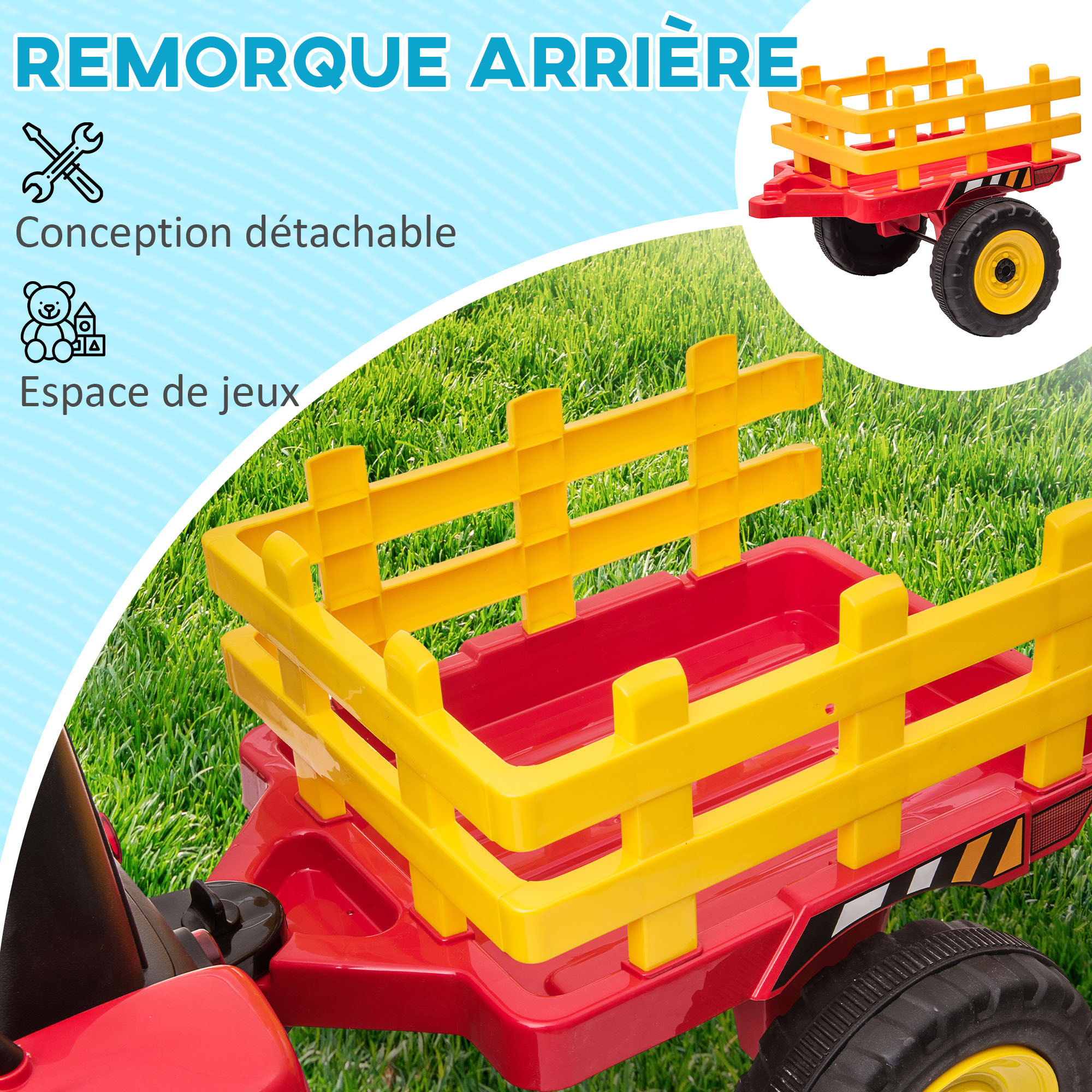 Tracteur électrique avec remorque amovible, voiture électrique enfants de 3 à 6 ans avec télécommande MP3 musique affichage lumières et ceinture de sécurité, 12V 3-6 km/h, rouge