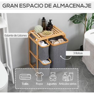 HOMCOM Cesto para Ropa Sucia de Bambú Cesta para la Colada con 3 Bolsas de Tela Extraíbles y Estante Abierto para Baño Dormitorio 50x32x69,7 cm Gris