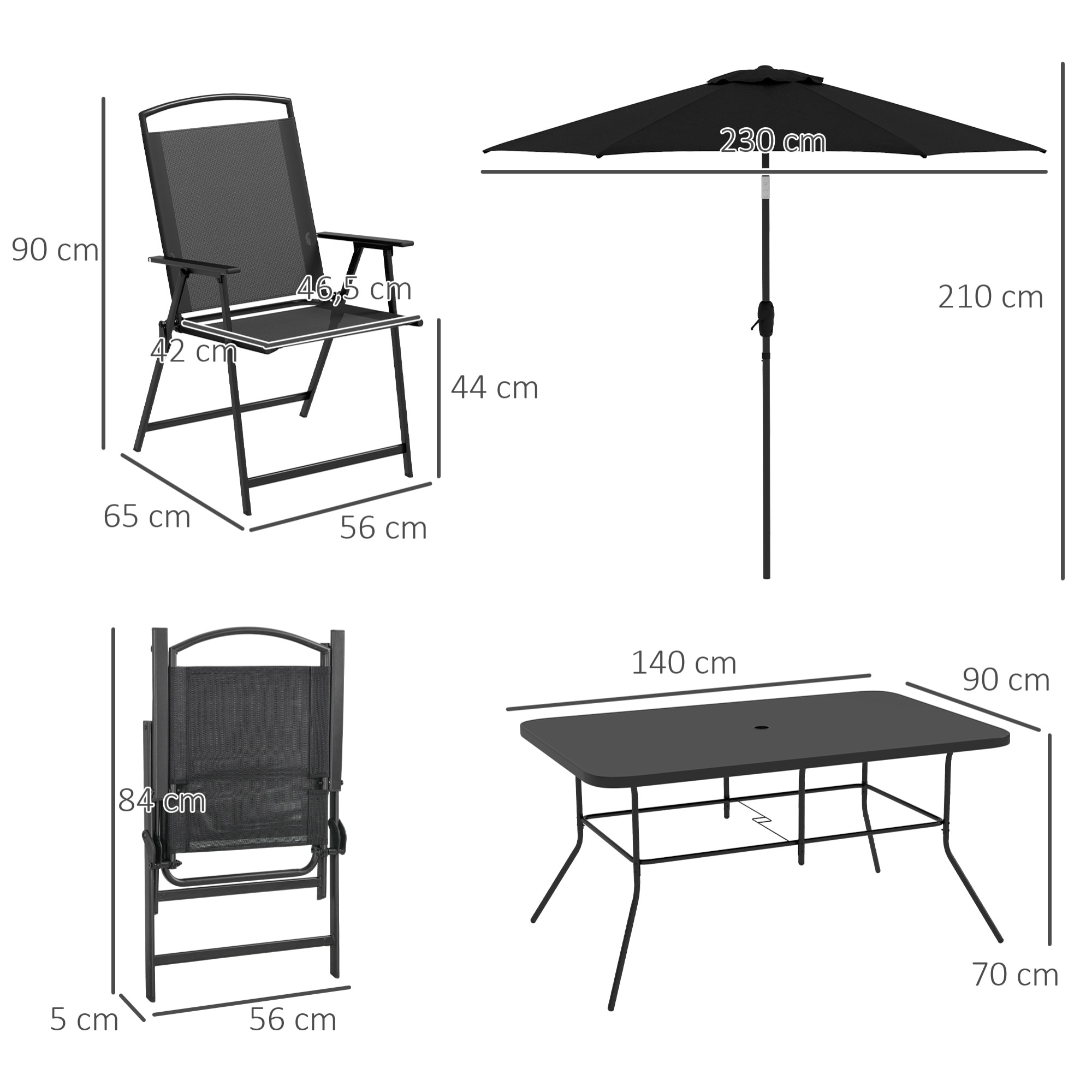 Conjunto de Muebles de Jardín 8 Piezas Juego de Comedor de Jardín con 6 Sillas Plegables Mesa de Comedor de Vidrio y Sombrilla Inclinable para Terraza Patio Negro