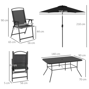 Conjunto de Muebles de Jardín 8 Piezas Juego de Comedor de Jardín con 6 Sillas Plegables Mesa de Comedor de Vidrio y Sombrilla Inclinable para Terraza Patio Negro