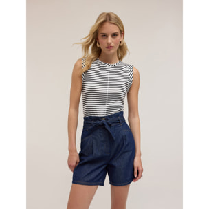 Motivi - Top sin mangas a rayas con pliegues - Negro