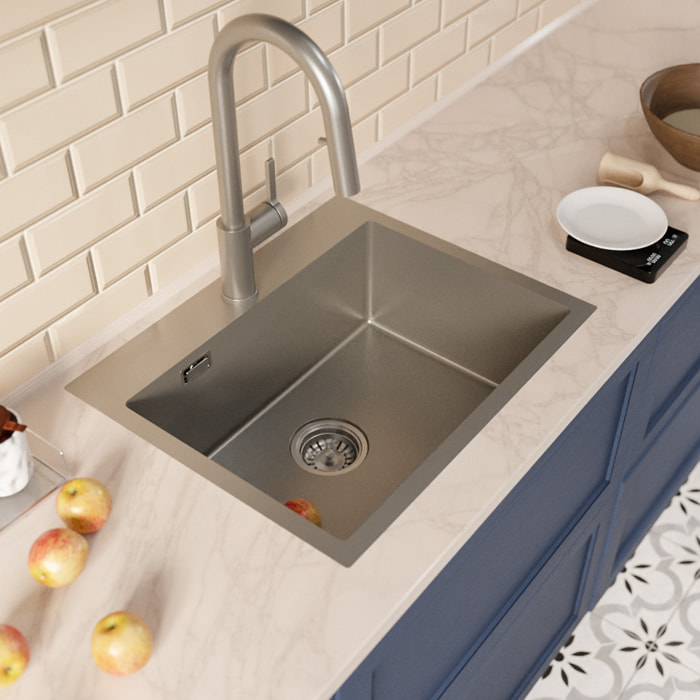 Timeless 55x45x21 cm évier encastrable inox 304 + mitigeur inox avec douchette extractible, gun metal brossé (TMLKST-5545BGM-M2)